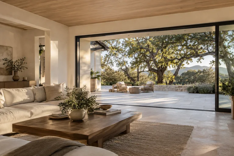 Natural wood, soft textiles, and a seamless transition to the garden