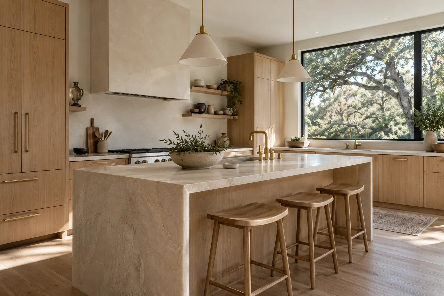 Warm oak cabinetry and a sculptural stone island in a sunlit kitchen