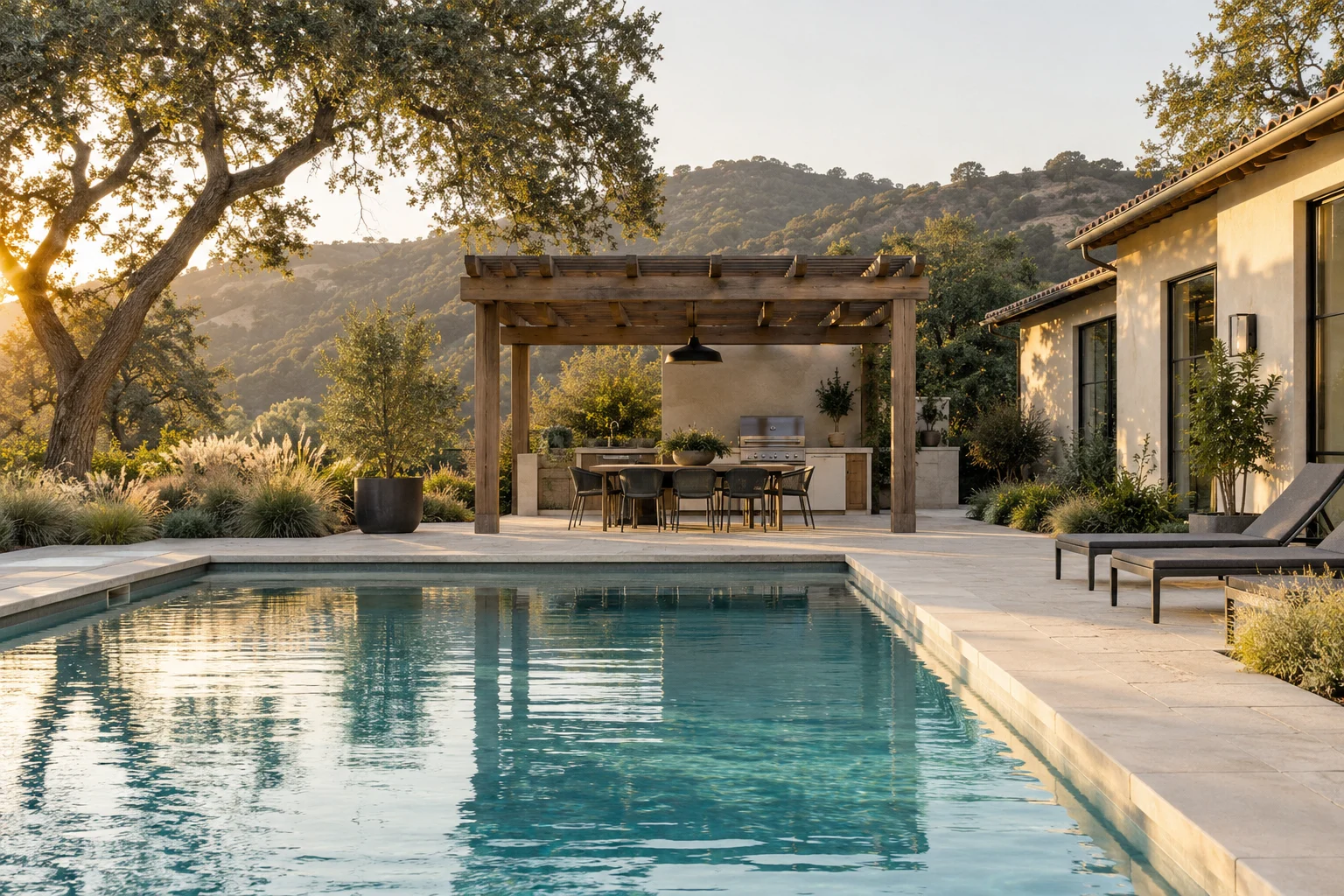 A limestone pool terrace and timber pergola set among California oaks